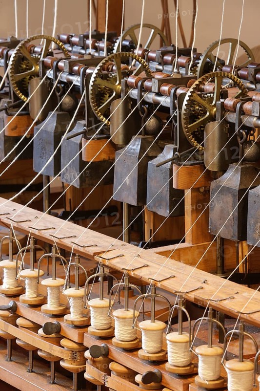 Founded in 1783 by Johann Gottfried Brügelmann, first textile factory on the European mainland. Reconstructed waterframe spinning machine, which was copied from the original by Richard Arkwright in Cromford/England for the Cromford textile factory in Ratingen by means of industrial espionage