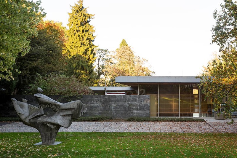 Chancellor's bungalow, built in 1963 by Sep Rup, park by Hermann Mattern, west side with sculpture by Bernhard Heiliger