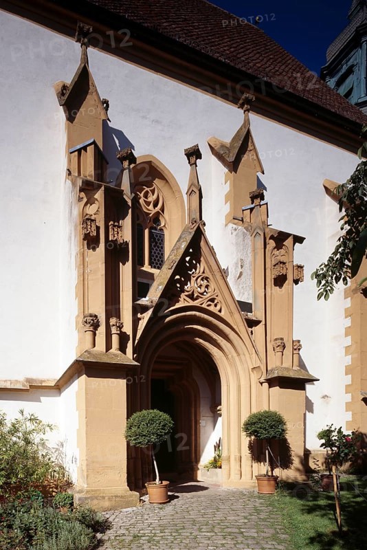 Volkach, pilgrimage church Maria im Weingarten, built in the 15th century. South portal, St., Saint, Saint