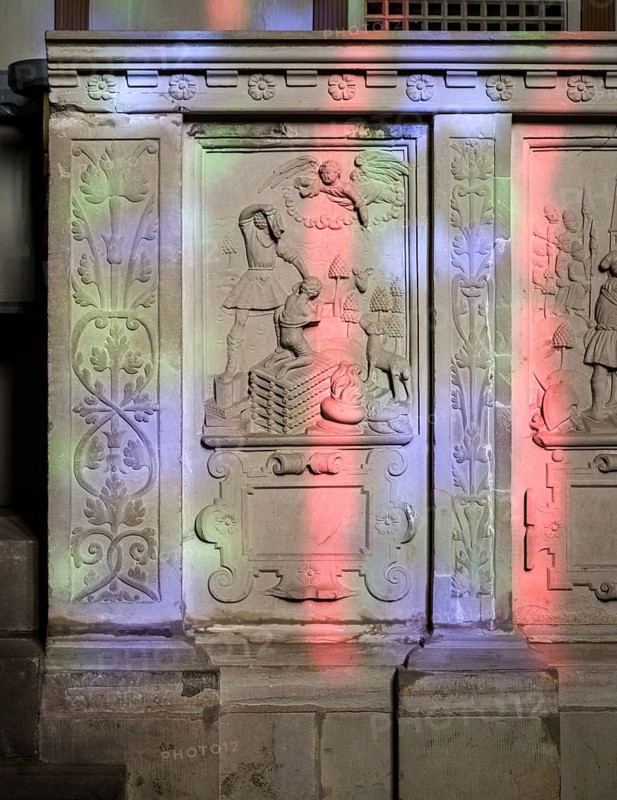 Luther city Eisleben, stone picture bible in the Annenkirche. Sog Stone Picture Bible 1585 by Hans Thon Uttendrup from sandstone relief God prevents Isaac's sacrifice