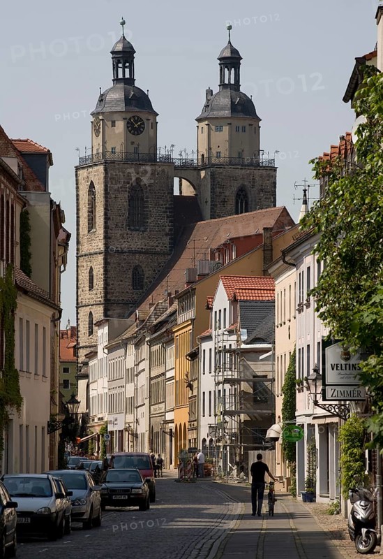 Sachs-Anh Wittenberg town church. Towers seen from the east from Mittelstraße. Built in 1187, mother church of the Reformation. UNESCO World Heritage Site, St., Saint, Saint