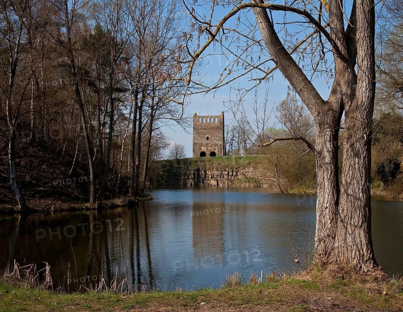 Hundisburg, ruined tower seen from the east of the former church of the village of NORDHUSEN, which fell into ruin in the middle of the 15th century, across the quarry lake, St., Sankt, Saint