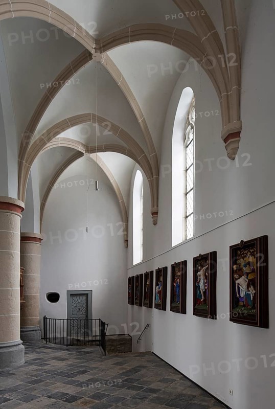 North aisle, view to the west with the Stations of the Cross and exit to the crypt, St, Saint, Saint