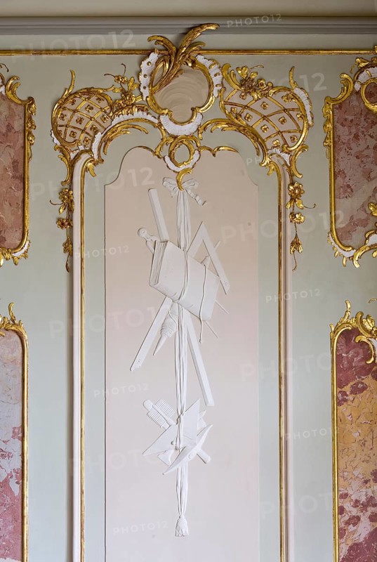 Rococo hall, stucco detail, allegory of the arts