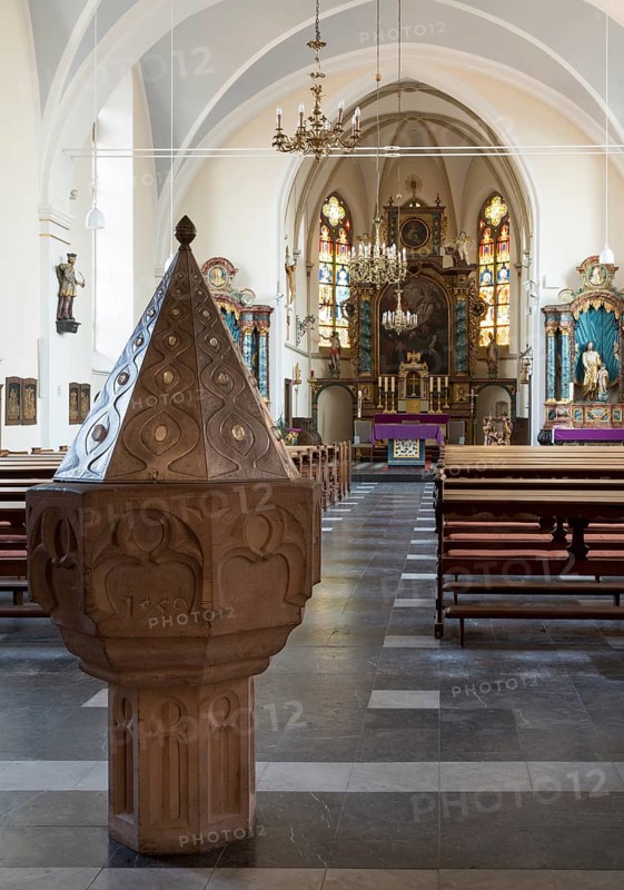 View to the east with late Gothic baptismal font from 1559 with reference to Father Josef Kentenich, St., Saint, Saint