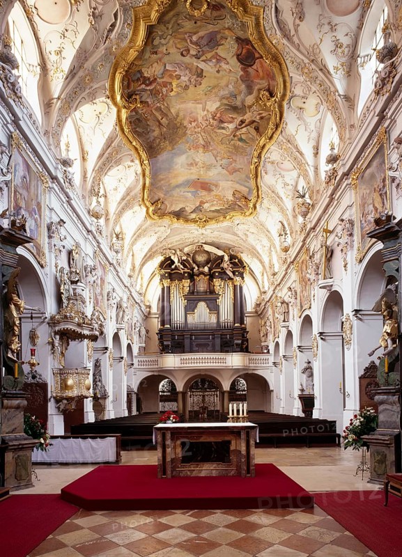 View from the choir, through the nave to the baroque organ, modified by Egid Quirin Asam, St., Sankt, Saint