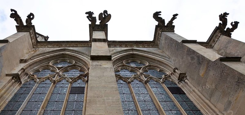 Fontaine-Chaalis, Royal Abbey of Chaalis, Chapelle Ste-Marie de l'Abbé, Grotesque animal sculptures as gargoyles on the buttresses 16th century, St., Saint, Saint