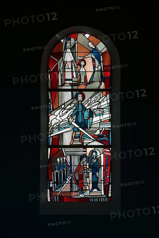 Stained glass window by Ernst Jansen-Winkeln in the left (eastern) aisle, scenes from the life of St Benedict of Aniane, St, Saint, Saint