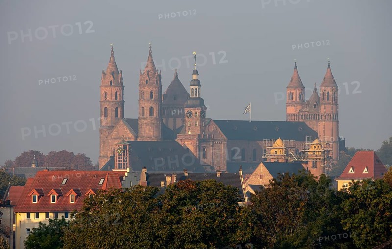 Worms, St Peter's Cathedral, view from north-east over the Rhine, in front of it the tower of the Holy Trinity Church