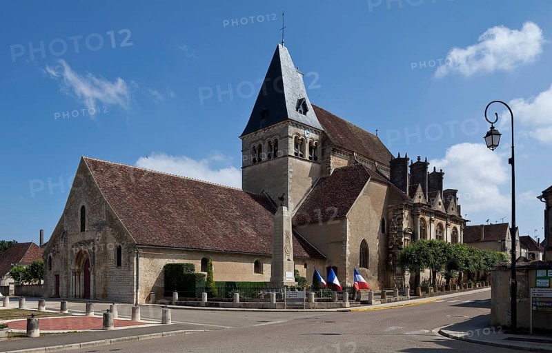 Ligny-le-Chatel Burgundy 70028 Church of St Peter and Paul old nave and tower 12th century new east section 16-17th century view from south-west, St, Saint, Saint