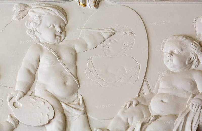 Rococo hall, stucco detail, putti painting