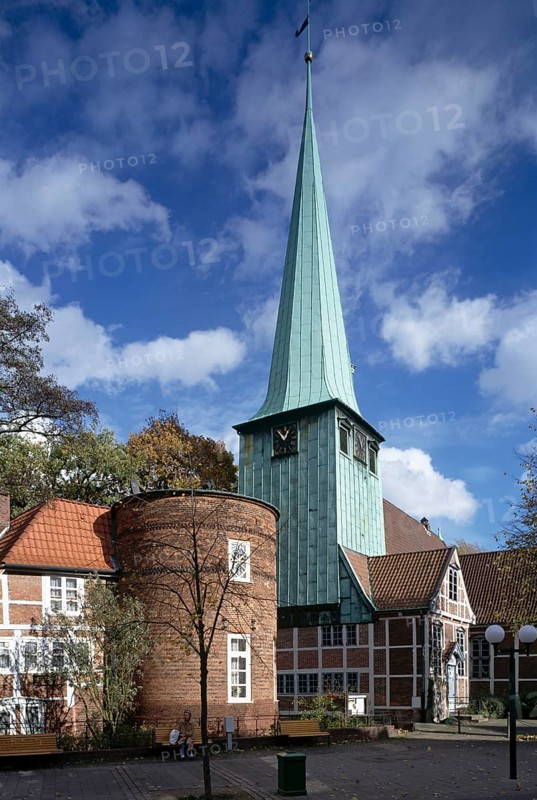 Exterior view from the west with organist's house and round tower from 1836, St., Sankt, Saint