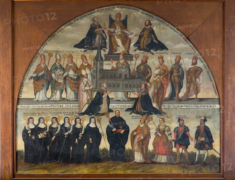 Brauweiler near Pulheim, St Nicholas' Abbey Church, tower hall, painting from 1657, donor couple Ehrenfried and Mathilde with Pope Benedict VIII. Below the 10 children of the founders and St Benedict, founder of the order