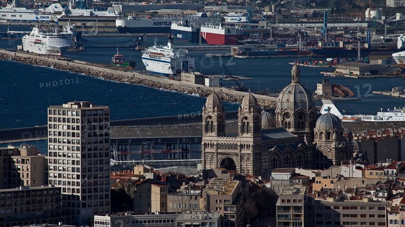 Marseille, view from the Basilique Notre-Dame-de-la-Garde to the Cathedrale de la M
