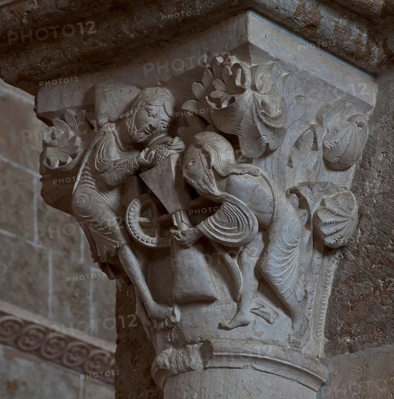 Vezelay, Basilica of Ste-Marie-Madeleine. Interior. South aisle figure capitals. St Paul and Moses at the mystical mill, St, Saint, Saint