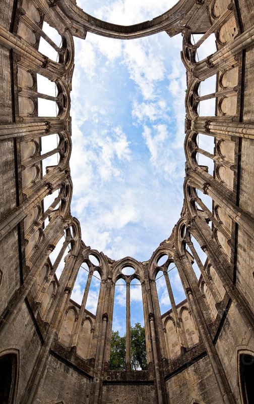 Cistercian abbey mid 13th century, church ruins choir, central view to the clerestory windows, St., Sankt, Saint