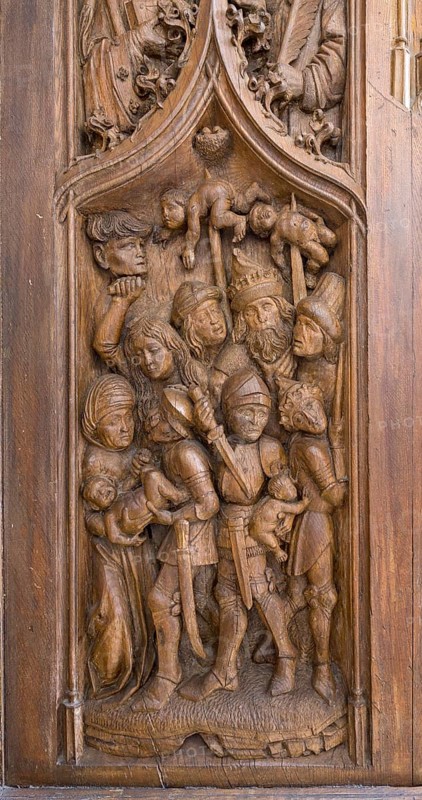 Constance, Minster, choir stalls, sculptors Heinrich Yselin and Simon Haider around 1470, stall cheek with scene of the Bethlehem Infanticide