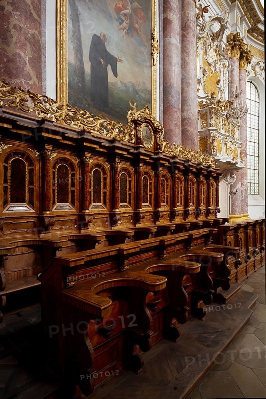 Northern choir stalls. Baroque monastery church from 1766, St., Sankt, Saint