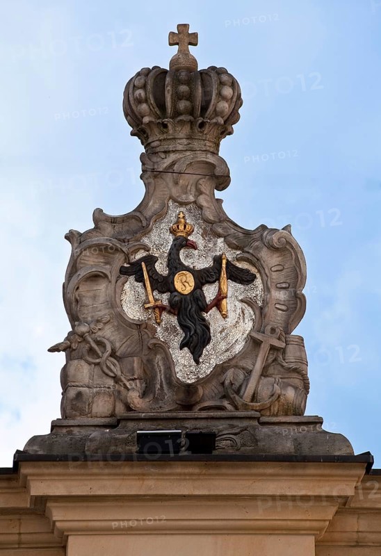 Built in 1763, demolished in 1863, rebuilt in 1998, Prussian coat of arms