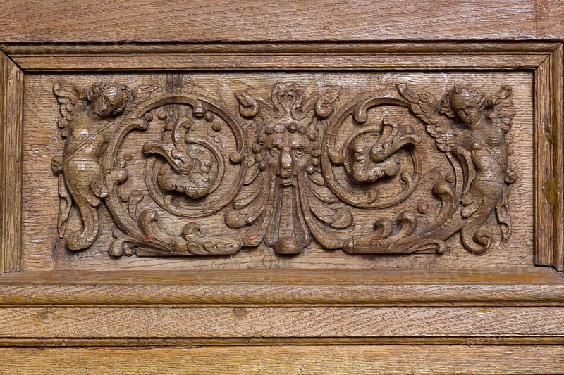 Jakobikirche, pews in the nave, carvings from the 17th century, fantasy creatures, St., Sankt, Saint