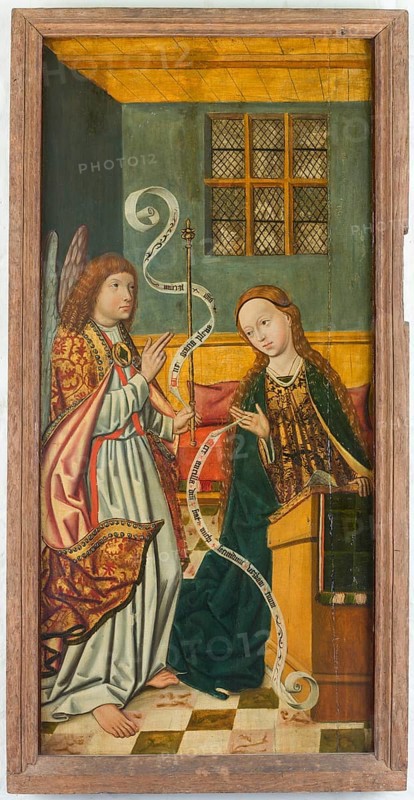 Panel of a winged altarpiece from St Catherine's Church, Lübeck, c. 1500, Annunciation to Mary, St, Saint, Saint