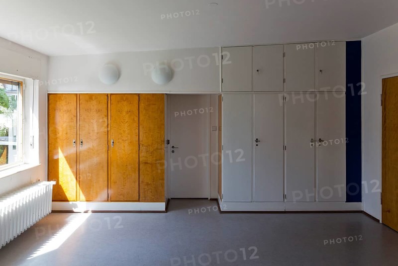 In GDR times House of the Pioneers, now Scharoun House, condition after renovation in 2012, bedroom on the upper floor with built-in wardrobes