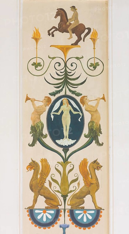 Staircase, mural of mythical creatures, griffins