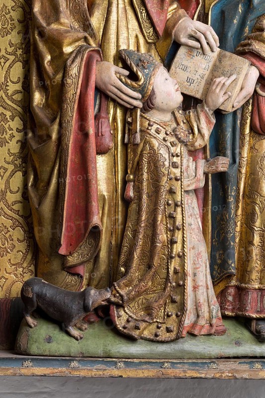 Altar of the Gertruden Brotherhood of Bearers, Lübeck c. 1509, carving: Henning van der Heide, detail dog snapping at a robe of the child Servatius, later Bishop of Maastricht, St., Saint, Saint