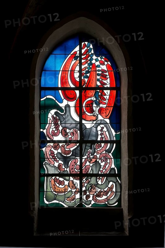West building, stained glass window by Wilhelm Buschulte, Archangel Michael with the dragon, St., Sankt, Saint