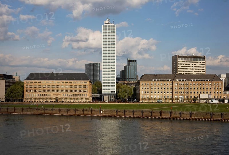 View from the Rheinkniebrücke, on the left the building by Peter Behrens, tower block by Paul Schneider von Esleben