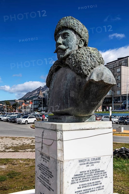 Adrien de Gerlach bronze bust at the harbour of Ushuaia, Argentina, South America