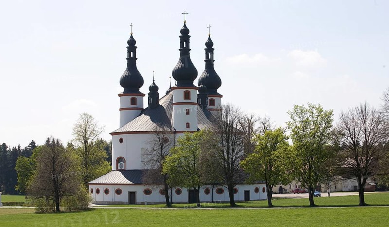 Waldsassen Holy Trinity Church Kappl. Pilgrimage church built in 1689 by architect Georg Dietzenhofer. Exterior façade backlit, St., Sankt, Saint