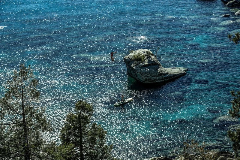 Standup paddler at Bonsai Rock, Sapphire Cove, Lake Tahoe, Nevada, USA, North America
