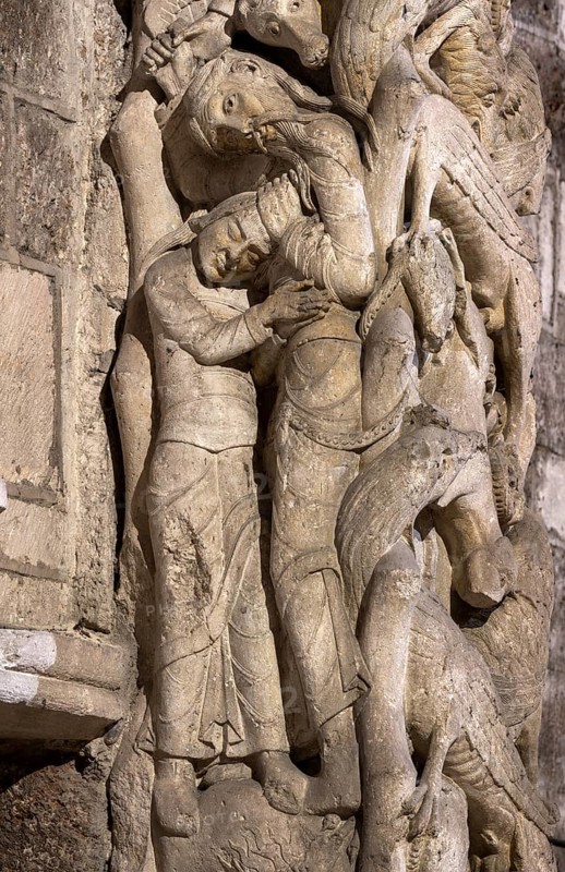 Souillac, former abbey church of Sainte-Marie, portal sculptures, relocated inside in the 17th century, beast pillars, Sacrifice of Isaac