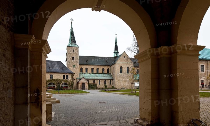 Monastery church seen from the south through the gatehouse, St., Sankt, Saint