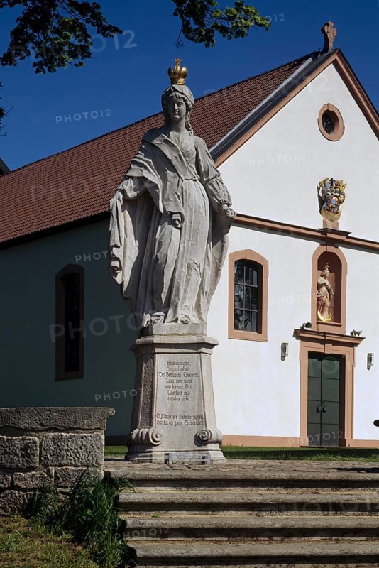 Wildflecken. Maria Ehrenberg. Stairway to the pilgrimage church from 1736. 254 steps and three Marian figures by Joseph Guidobald Licht, alluding to the Joyful, Sorrowful and Glorious Rosary. The pilgrimage church in the background