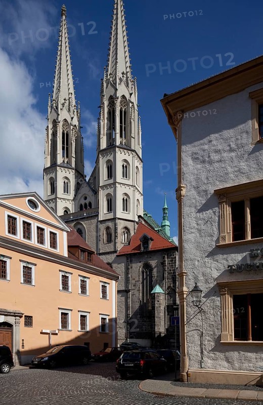 St Peter's Church, towers from south-west, on the right corner house Peterstraße 8, Hotel Tuchmacher, St, Sankt, Saint