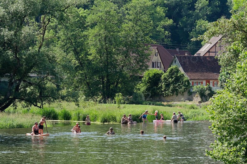 Bathing area on the Jagst near Bächlingen, river, Langenburg-Bächlingen, Jagsttal, river bath, swimming, bathing, relaxing, holiday, short holiday, summer, local recreation area, Hohenlohe, Germany, Europe
