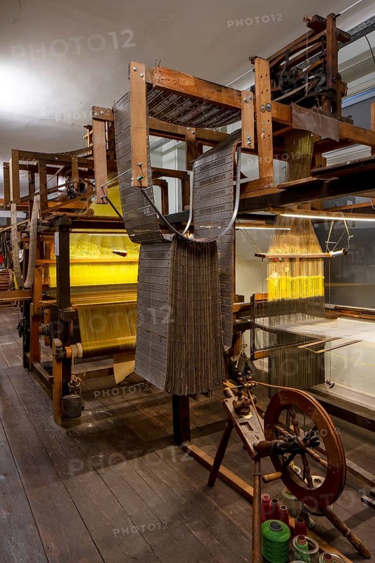 Krefeld, House of Silk Culture, former Hubert Gotzes parament weaving mill, now a museum. Weaving room with Jacquard hand looms