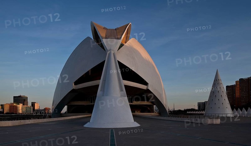 City of Arts and Sciences (cat./val. Ciutat de les Arts i de les Ciències), opera house QUEEN SOFIA, El Palacio de las Artes Reina Sofía (en valenciano Palau de les Arts Reina Sofia) es el teatro de la ópera de Valencia, view from north-west, on the right conical building above a stairwell