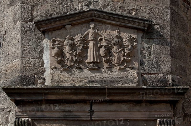 Ampfurth, stair tower. Detail of double coat of arms. Bördekreis stair tower of the Ren. castle, extended in 1832 to accommodate a station of the royal Prussian telegraph line Berlin-Koblenz in operation until 1849