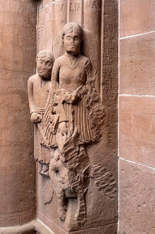 Worms, St Peter's Cathedral, east choir, decorated wall panel on the north side, Juliana relief with angel and devil