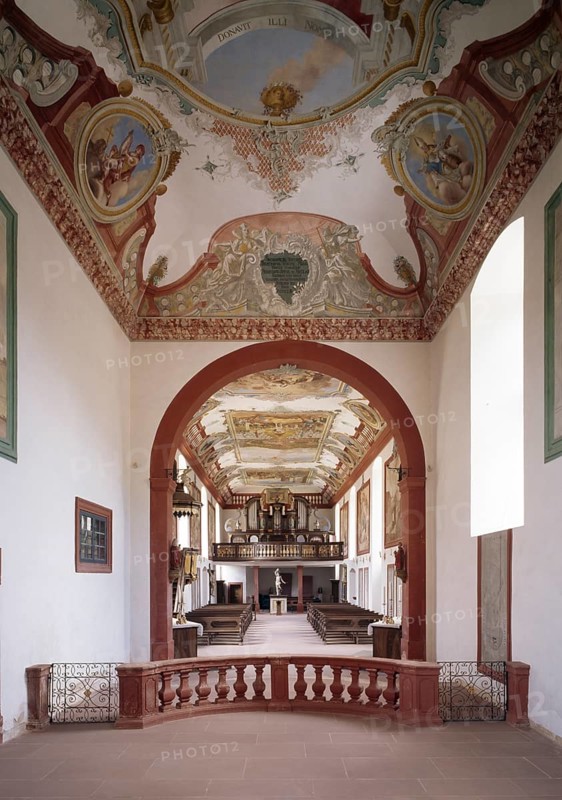 Former Cistercian nunnery Himmelthal in Spessart. Founded in 1232, the present church dates from 1753 and is now the Elsava School. View back from the choir room to the organ, St., Sankt, Saint