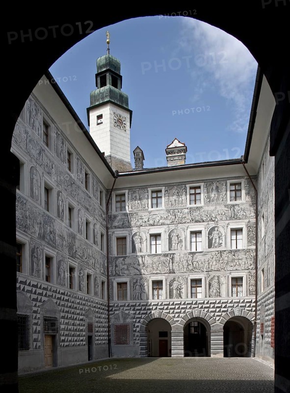 Austria. Amras. Ambras Castle. Inner courtyard facing west with arcade view. Branch of the Kunsthistorisches Museum in Vienna. Renaissance castle