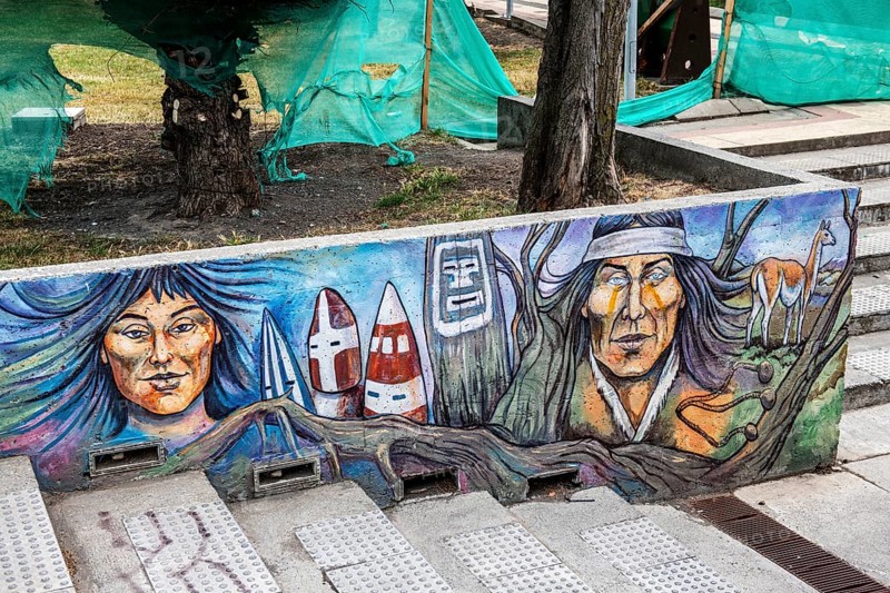 Mural depicting the cultural heritage of the Aonikenk and Kaweshar ethnic groups, Puerto Natales, Patagonia, Chile, South America