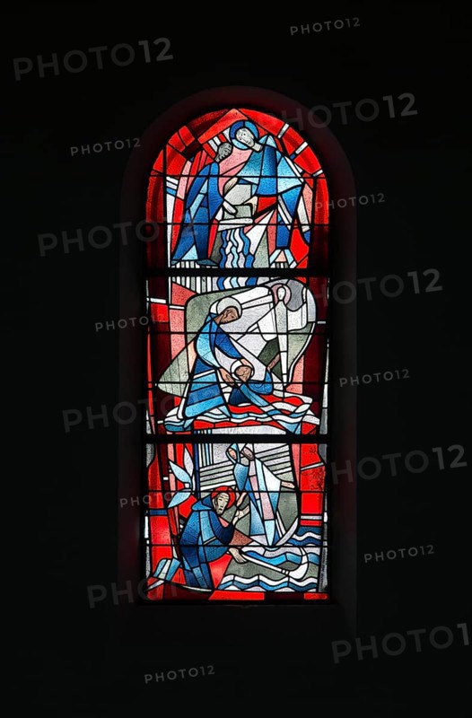 Stained glass window by Ernst Jansen-Winkeln in the right (west) aisle, scenes from the life of St Benedict of Nursia, St, Saint, Saint
