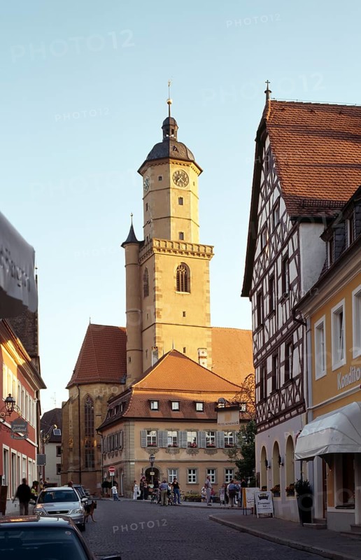 Volkach on the Main. Parish church of St. Bartholomew from 1413, baroqueised from 1727. Tower built by the master builder Hans buck from 1513 to 1597. View of the parish church, St., Sankt, Saint