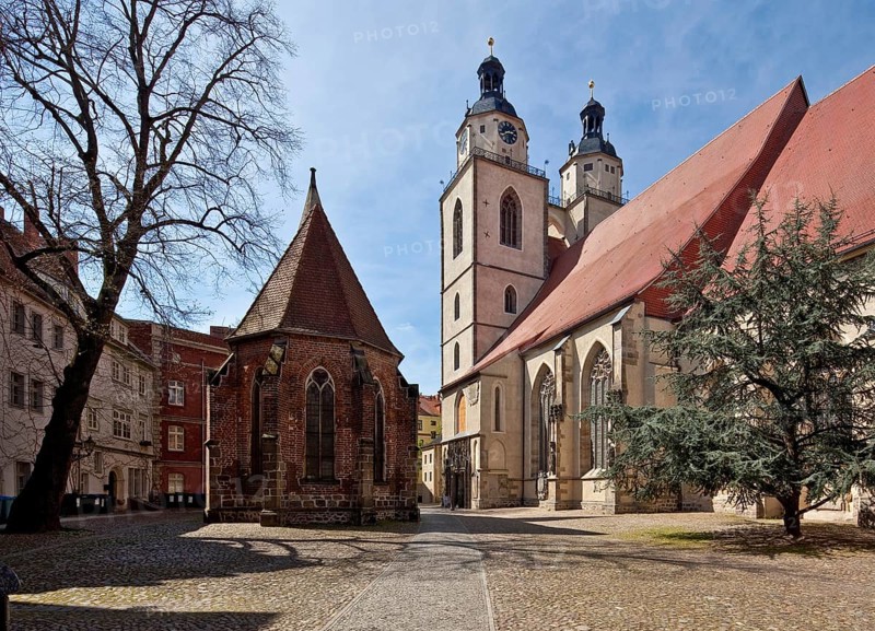 View from the south-east 14th-15th century, upper floors of the tower 1556-58 by Ludwig Binder, Corpus Christi Chapel on the left newly built in 1456, St., Sankt, Saint