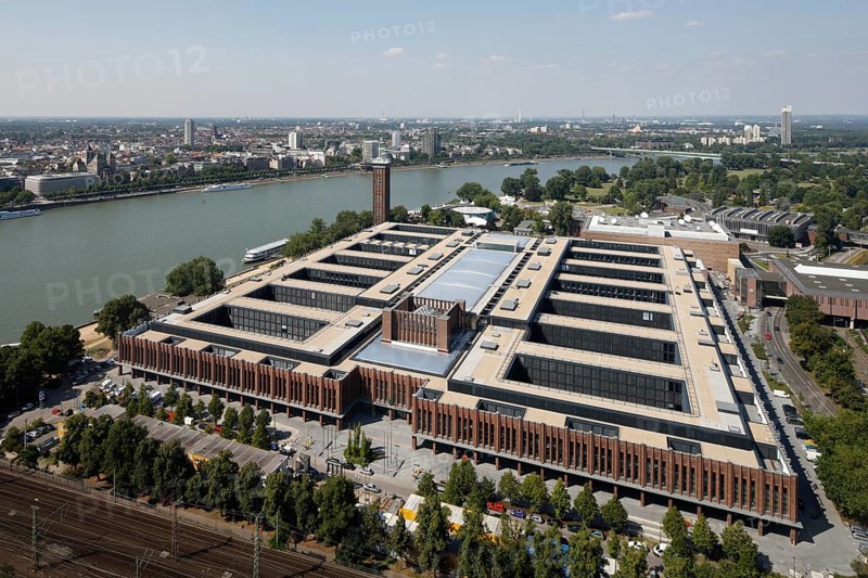 Former exhibition centre, Rheinhallen and Messeturm on the banks of the Rhine north of the Hohenzollern Bridge, built 1922-1928 by Adolf Abel, view from the Triangel skyscraper