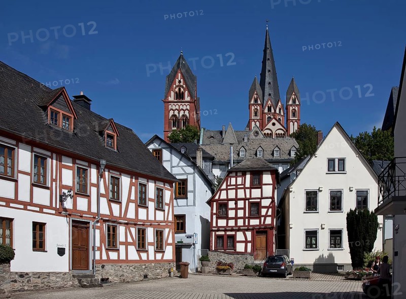 Limburg an der Lahn, Cathedral, distant view of the towers from the south front Bergstrasse back Gabled houses of Kolpingstrasse, St., Sankt, Saint